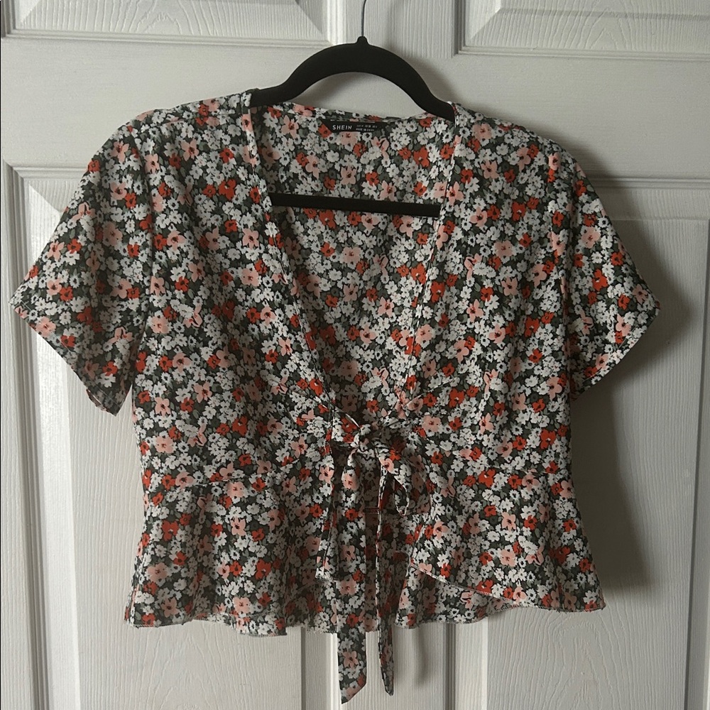 SHEIN Floral Tie-Front Blouse - Black, White, Red